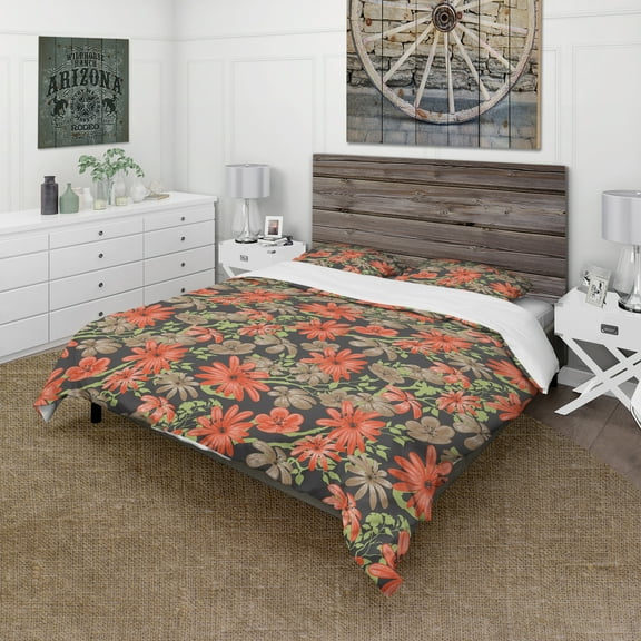 Designart 'Red and Brown Flowers with Background of Green Branches' Floral Duvet Cover Set