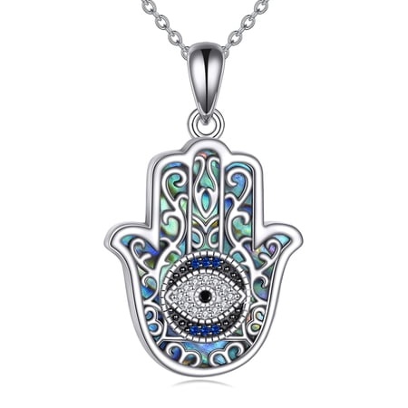 MYSTICPOEM Evil Eye Necklace Evil Eye Hamsa Hand of Fatima Necklace 925 Sterling Silver White Blue CZ Third Eye Necklace Hamsa Hand Jewelry Gifts for Women