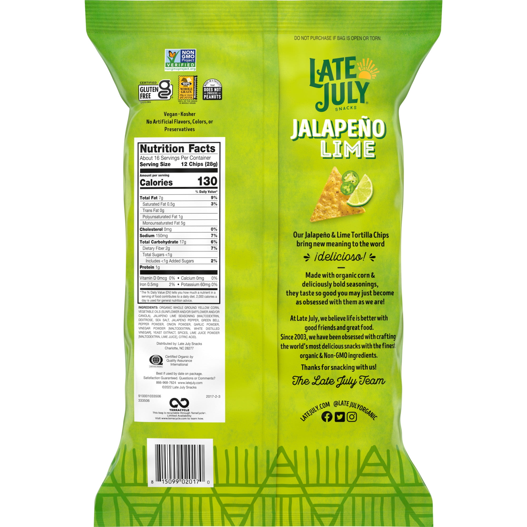 Late July Snacks Jalapeno Lime Tortilla Chips, 16-oz. Bag