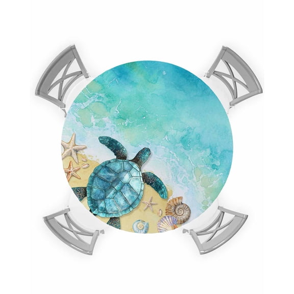 nqOlkjepod Teal Blue Coastal Round Tablecloth, Fitted Table Cover with Elastic for 36"-44" Round Tables, Summer Beach Turtle Nautical Table Cloth Outdoor Indoor Dinning Party Waterproof Tablecloths