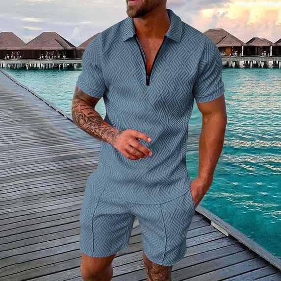 Glisme Mens 2 Piece Sets Summer Outfits Casual Striped Two Piece Suit Zipper Short Sleeve Top Blouse Suit Drawstring Pocket Short Set Durable Matching Set Light Blue