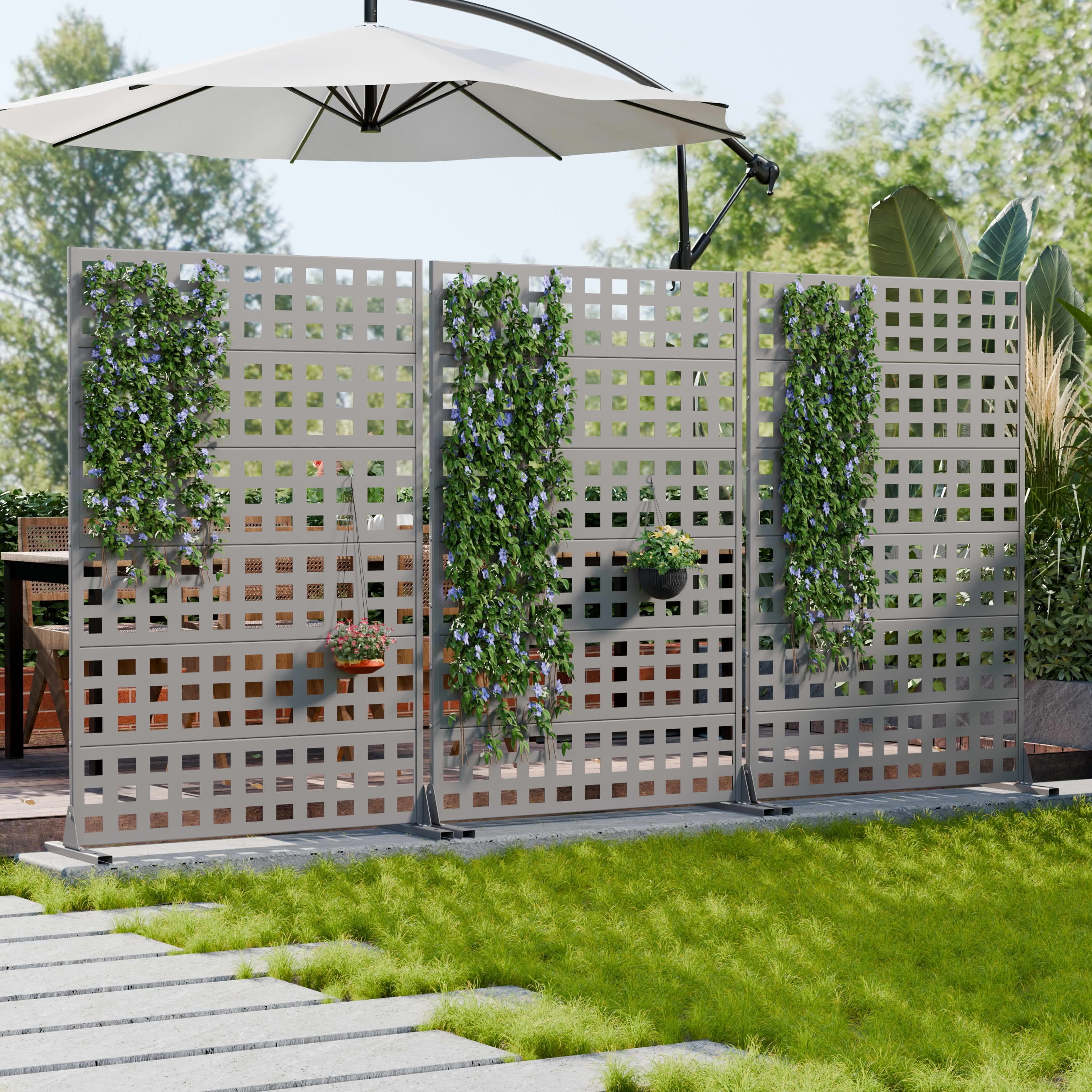 MAYEERTY Outdoor Metal Privacy Screen 6ft × 4ft Gray, 6-Panel Lattice Pattern, Rust-Resistant for Garden