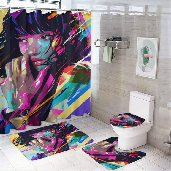 Abstract Oil Painting Bathroom Sets with Shower Curtain And Rugs, Incl with 12 Hooks,Toilet Lid Oval Rug