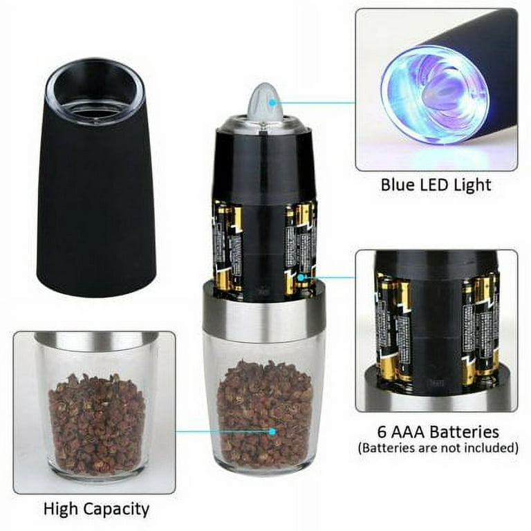 Pepper Grinder, Gravity Electric Pepper Mill, Battery Operated Automatic  Salt Mill with Blue LED Light, One Handed Operation, Adjustable Coarseness