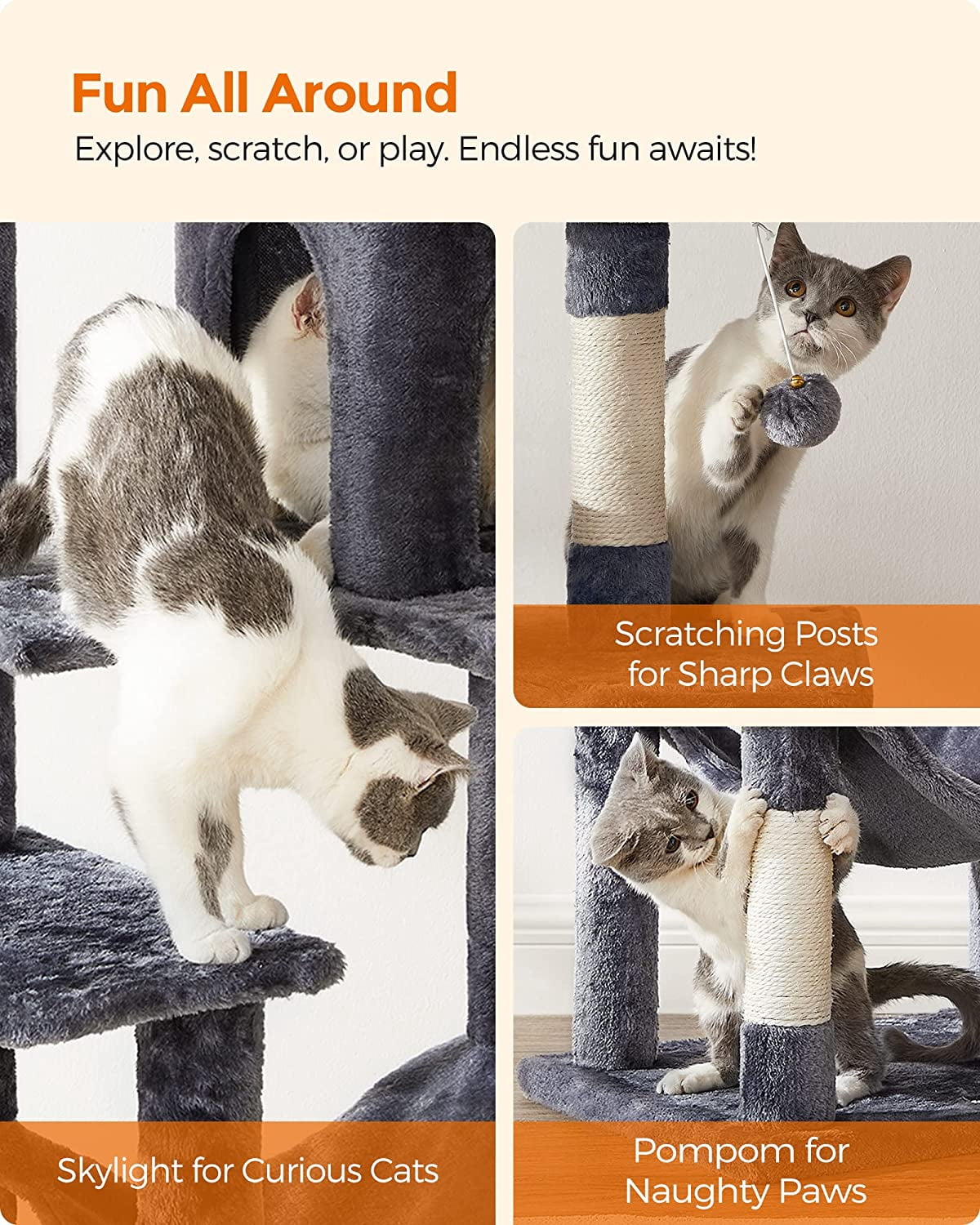 56.3'' Cat Tree Tower for Indoor Cats ,Multi-Level Cat Condo Cat Furniture with Scratching Posts, Perches, Hammock, Cave ,Smoky Gray