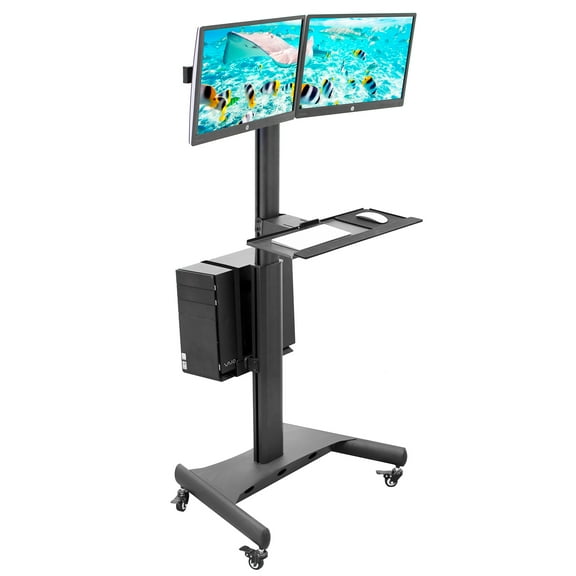 Mount-It! Adjustable Mobile PC Workstation for Dual Monitors with Keyboard Tray and CPU Holder