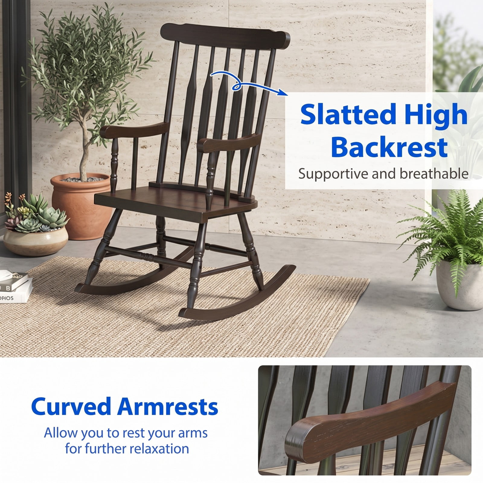 Furnibear Rocking Chair with Solid Rubber Wood Frame and Classic Spindle Back for Indoor Living Room, Front Porch and Patio, Brown
