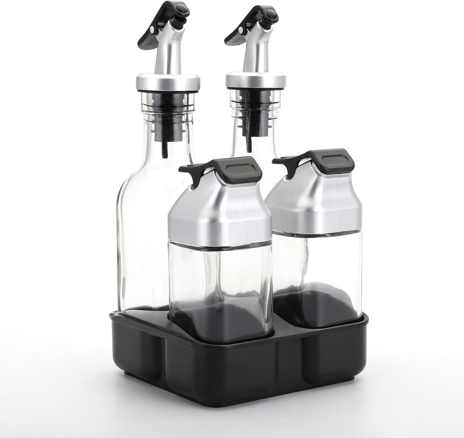 Fuliko 5 PCS Oil Vinegar Dispenser Bottles Set with Caddy Stand, Tabletop Salt Pepper Shaker Olive Oil Vinegar Cruets Set with Tray for Kitchen