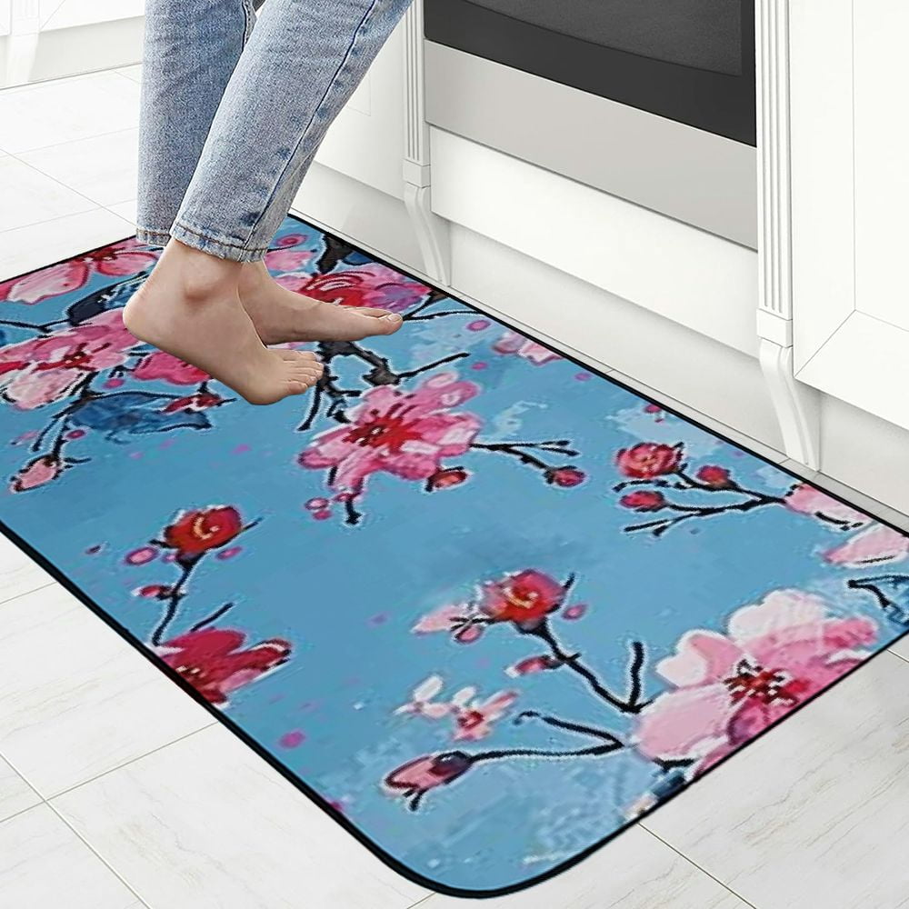 Heduofu Front Door Mat Welcome Mat, Elegant Flower Blooming Non-Slip Absorbent Indoor Door Mats, Durable Rubber Backing Floor Doormat for Entryway, Patio, Porch, Pink Blue 19.68*47.24 in