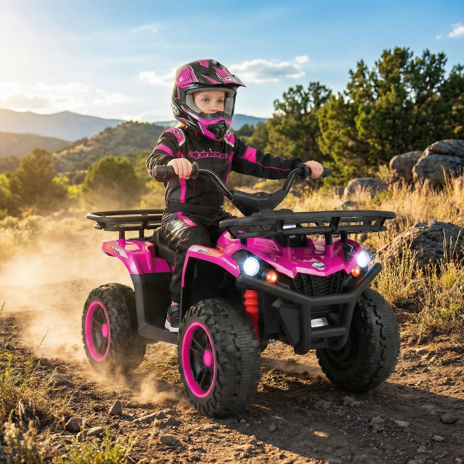 Costway 24V 4-Wheeler Ride on Toy with Slow Start, Songs, Stories, Tunes, MIC/SD/USB Port Pink