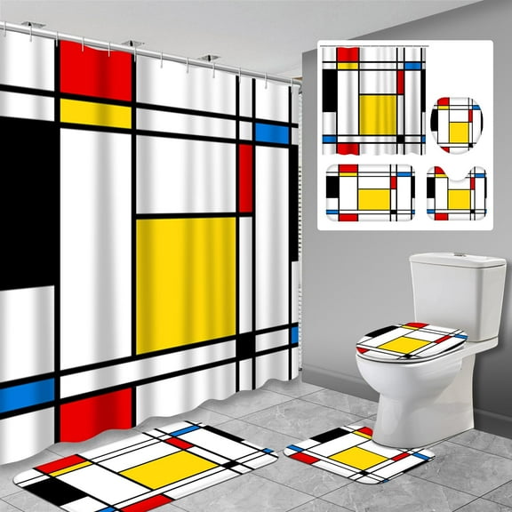 4 Pcs White Lemon Bathroom Shower Curtain Sets with Rugs, Fresh Leaves Leaf Slice Green Summer Yellow Bathroom Sets with Shower Curtain and Rugs, Bathroom Decor Sets with Mats and Towels