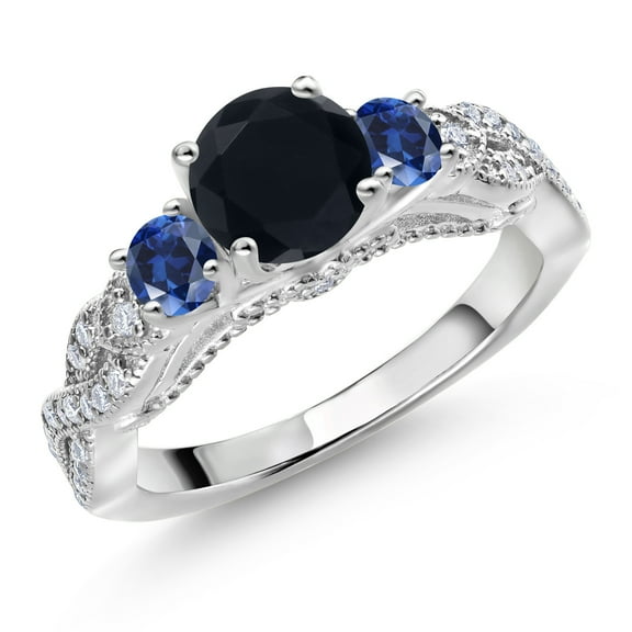 Gem Stone King 1.35 Cttw Black Onyx Blue Created Sapphire and White Moissanite Engagement Ring for Women | 925 Sterling Silver | Gemstone Birthstone | Round 6MM and 3MM | Size 5, 6, 7, 8, 9 | Size 5