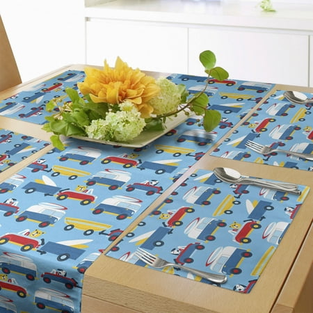 

Cartoon Table Runner & Placemats Puppy in Cars Traffic Jam Surfboard Beach Road Set for Dining Table Decor Placemat 4 pcs + Runner 16 x90 Sea Blue Earth Yellow by Ambesonne