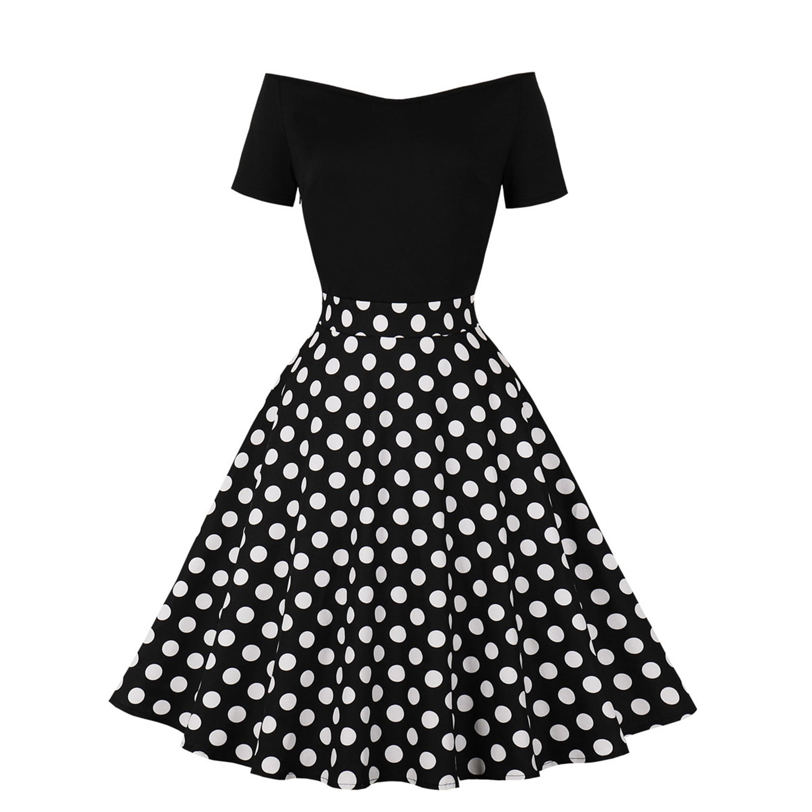 XIAOCHA Women's Polka Dot Dress Fitted Flared off Shoulder Short Sleeves Retro Swing Dress Stretchy Vintage Party Dresses
