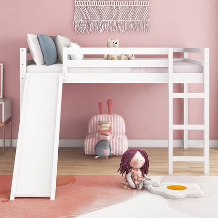 ARCTICSCORPION Full Size Loft Bed with Slide  Wood Low Kids Bed Frame with Ladder and Safety Guardrails  Multifunctional Loft Bed for Teens Boys and Girls  No Box Spring Required  White