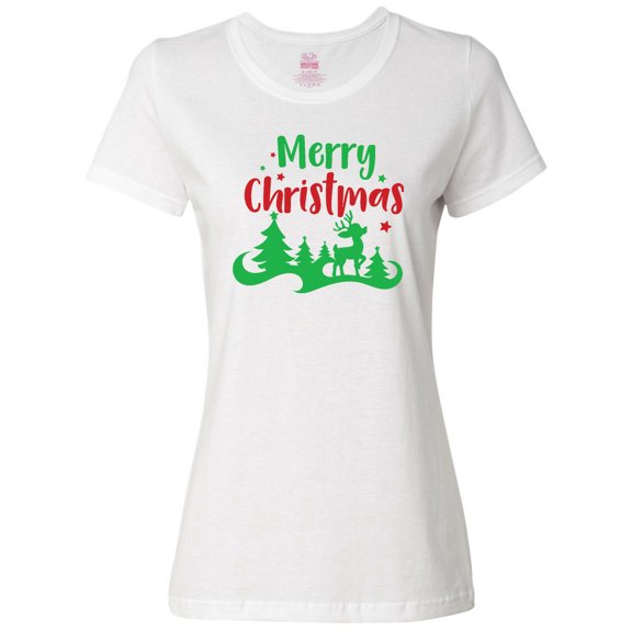 Inktastic Merry Christmas, Reindeer, Christmas Tree, Stars Women's T-Shirt