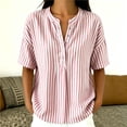 thumbnail image 5 of Womens Tops Elbow Length Sleeve Tshirts for Women Striped Printed Button Up Crew Neck Summer T-Shirts, 5 of 6