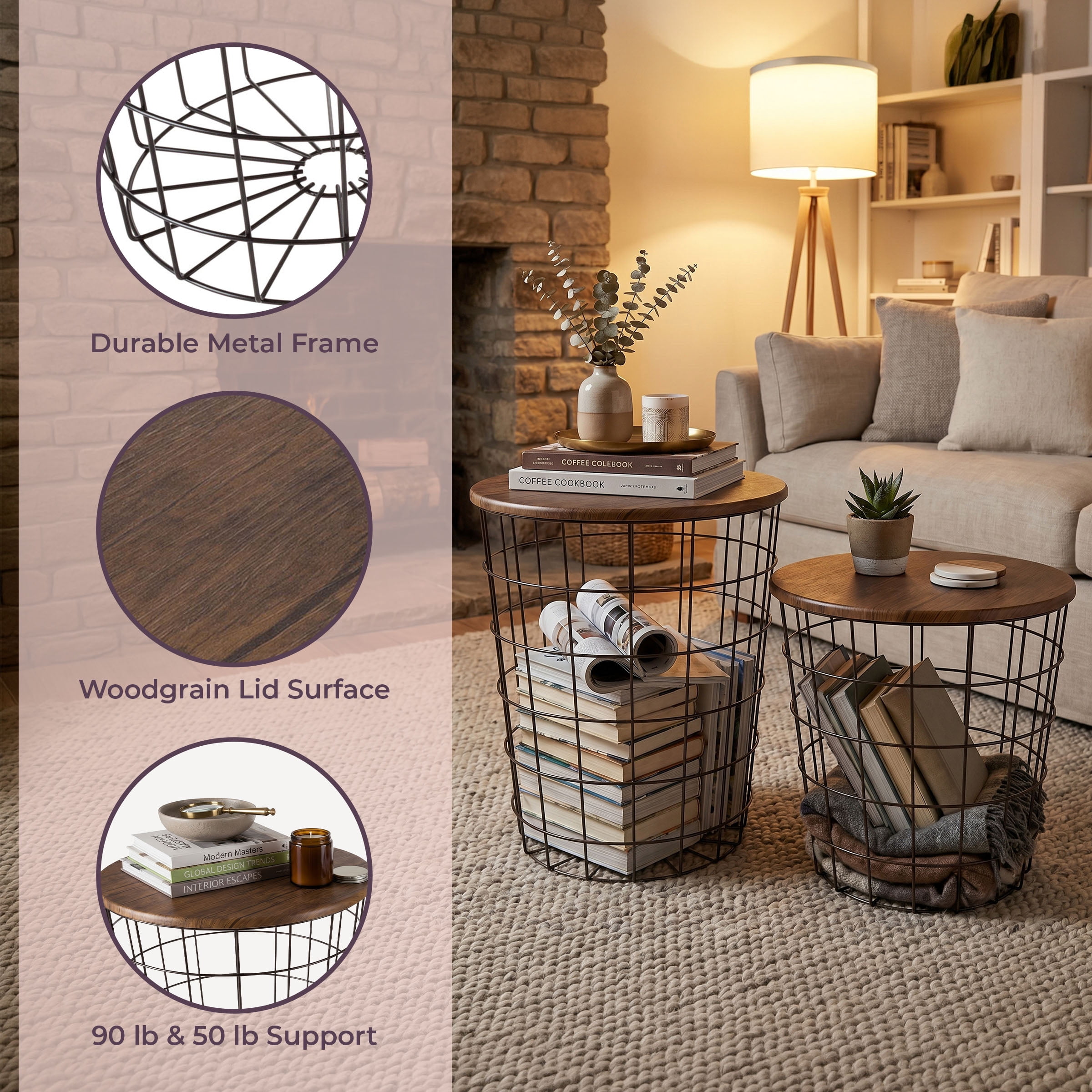 Lavish Home Nesting Basket End Tables Set of 2 for Blanket Storage, Brown