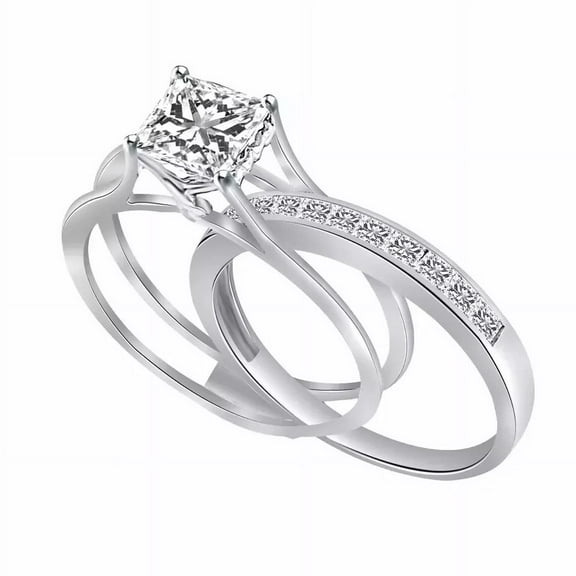 Engagement Wedding Band Ring Set - Princess Cut Simulated Diamond, Sterling Silver