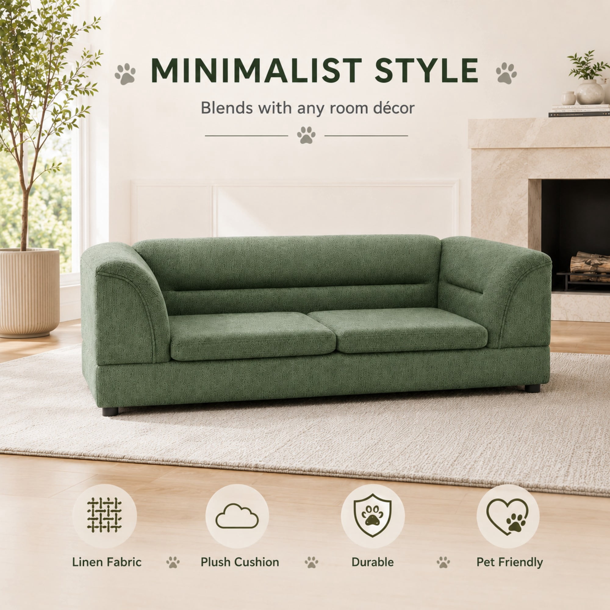 Aenkyo 52" Large Dog Sofa Bed, Linen Pet Couch with Removable Cushions, Green
