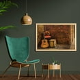 thumbnail image 2 of Music Wall Art with Frame, Music Instruments on Wooden Stage in Pub Beverage Cafe Counter Bar, Printed Fabric Poster for Bathroom Living Room, 35" x 23", Dark Orange Sand Brown, by Ambesonne, 2 of 2