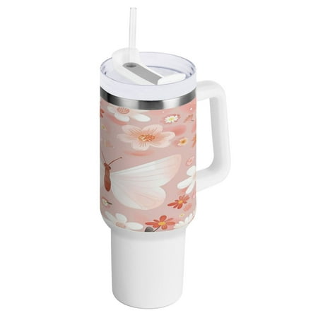 

40 Oz Car Handle Water Bottle 10.8x3.85 Inch Handle And Straw Travel Water Bottle Reusable Stainless Steel Water Bottle Pink Butterflies and Pink Flowers