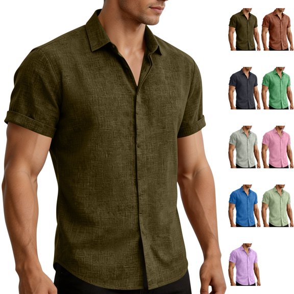 Men's Short Sleeve Button Down Shirts Big & Tall Breathable Textured Casual Shirt Summer Lightweight Quick Dry Beach Vacation Hippie Yoga Top Curved Hem