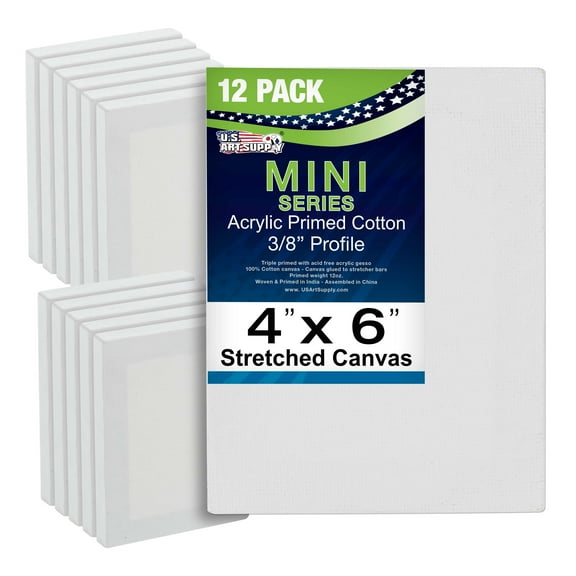 U.S. Art Supply 4" x 6" Mini Professional Primed Stretched Canvas (1-Pack of 12-Mini Canvases)