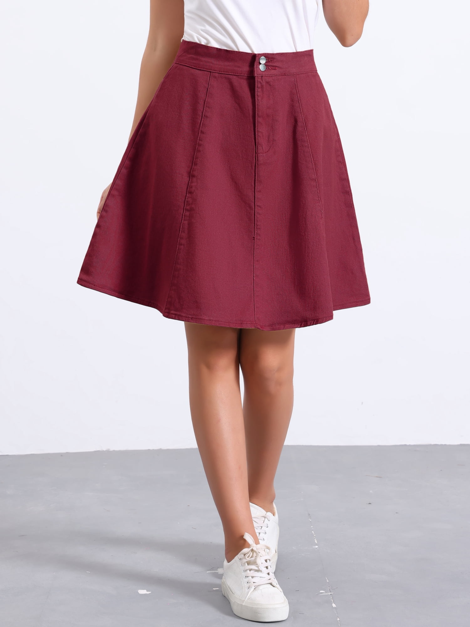 DARING DIVA Women's High Waist Stretch Knee Length Flared Jean Skirts M Dark Red