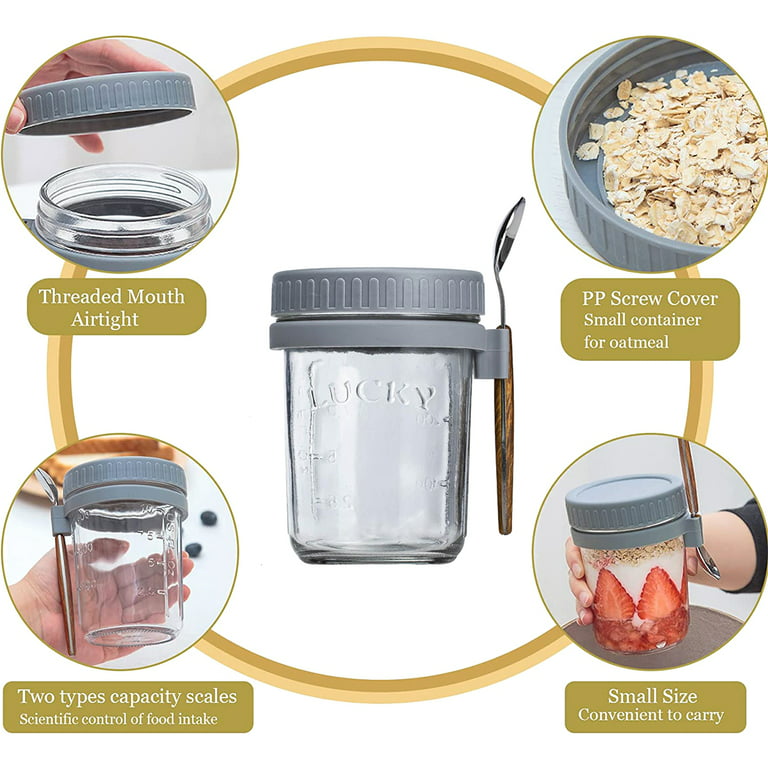  TLIOCAS Wide Mouth Overnight Oats Glass Container Jar with Lid  and Spoon, 10OZ Leak-Proof To Go Overnigh Oatmeal Mason Jar for Prepare  Breakfast Salads Cereal Milk (Gray): Home & Kitchen