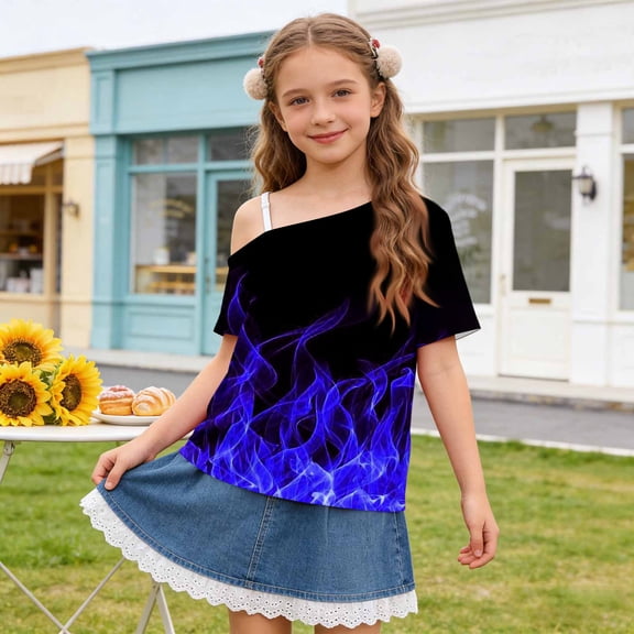 SGFCWSX Girls T Shirts One Shoulder Short Sleeve Graphic Print Casual Loose Fit Fashion Summer Tops for Teens Purple Size 13