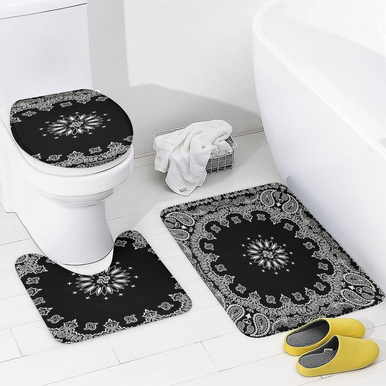 Bandana Pattern Shower Curtain Sets Non-Slip Rugs Bath Mat Toilet Cover U Shaped Mat 4 Pcs
