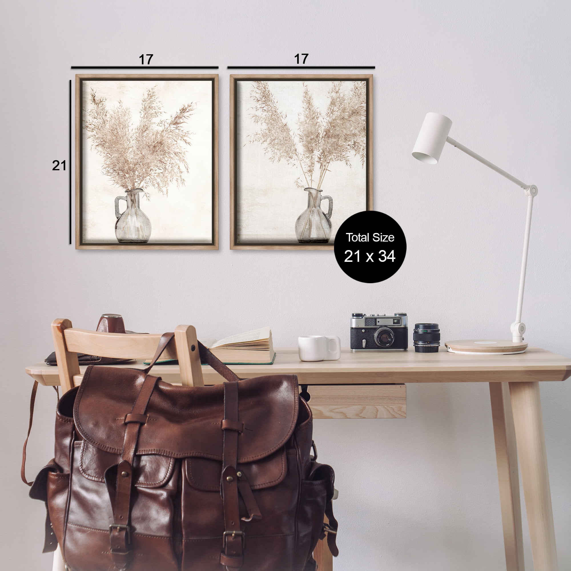 Stupell Industries Wild Pampas Stalks Vase Plants & Flowers Photography Brown Floater Framed Canvas Art Print Wall Art, 17 x 21, Set of 2