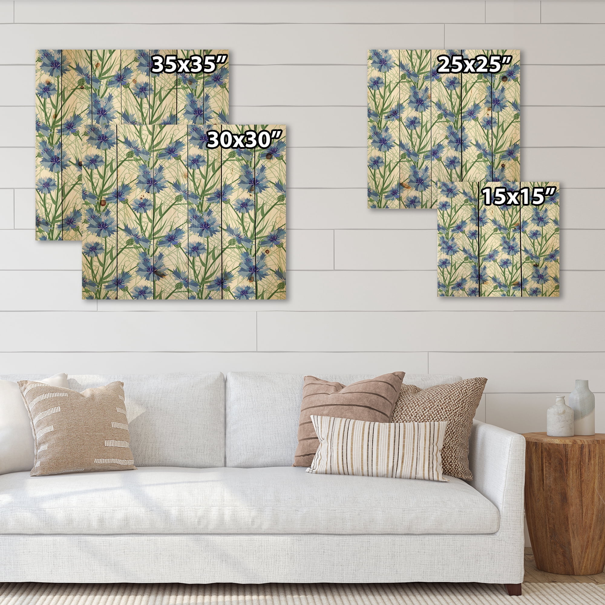 Designart 'Blue Cornflowers With Green Leaves On White I' Traditional Print on Natural Pine Wood