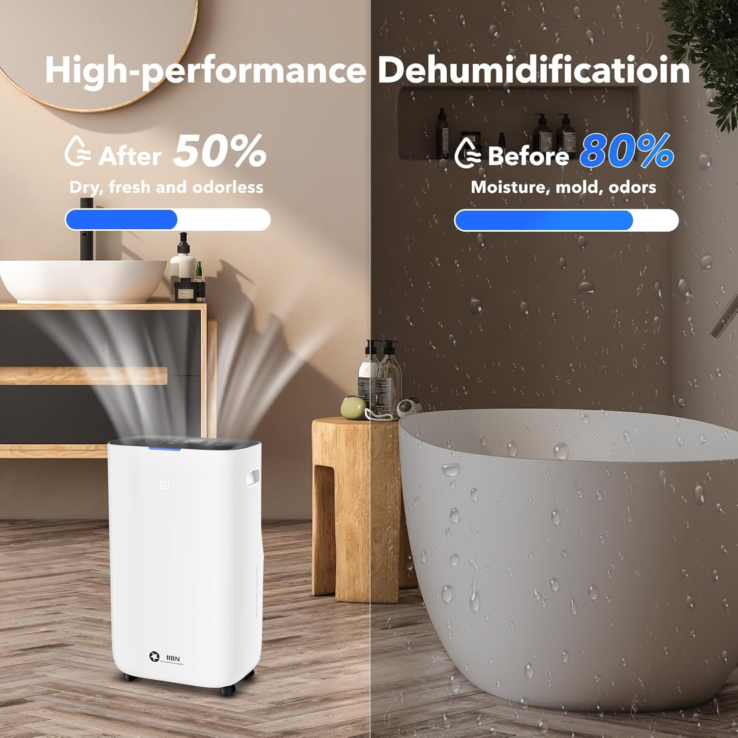HBN Max 80 Pint Smart Dehumidifier for Home, 4500 Sq.ft Efficient Dehumidifier with Drain Hose, 1.71 Gallon Water Tank, Intelligent Humidity Dehumidifiers for Basement, Bedroom, Bathroom