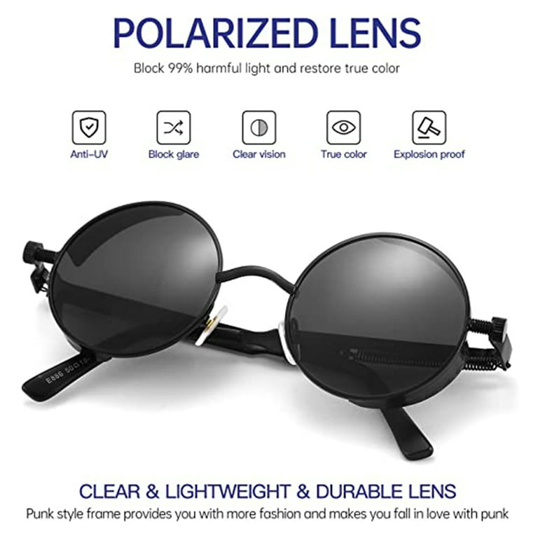 Fortioo 1 Pcs Polarized Sunglasses for Men, UV Protection, Round Gothic Shades Style Women, Metal Circle Frame, Adult Unisex, Size: One size, Black