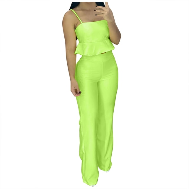 Costumes pour Femmes Ensemble 2 Pcs Tenues de Vacances pour Femmes Ensemble de Vêtements Femme Col Rond Sans Manches Hauts Pantalons Ensembles Pantalons Style S_381 Survêtements pour Femmes Vert P