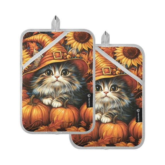 Cute Cat in Fall Oven Mitts Pot Holders 2 pcs Heat Resistant for Kitchen Baking Grilling
