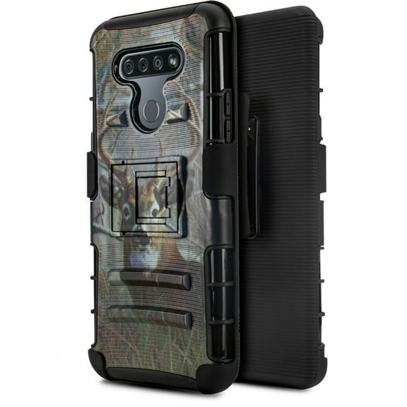 for LG K51 Q51 Holster Belt Clip Temper Glass Case Shock Absorption Kickstand Armor Case with Belt Swivel Clip Holster Cover (Deer)