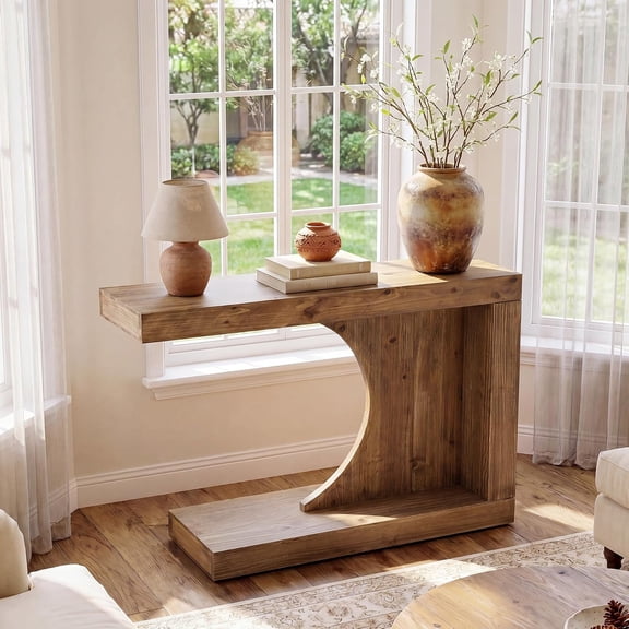 Finmind 39.4" Solid Wood Console Table, Mid-Century Modern C-Shaped Entryway Accent Table