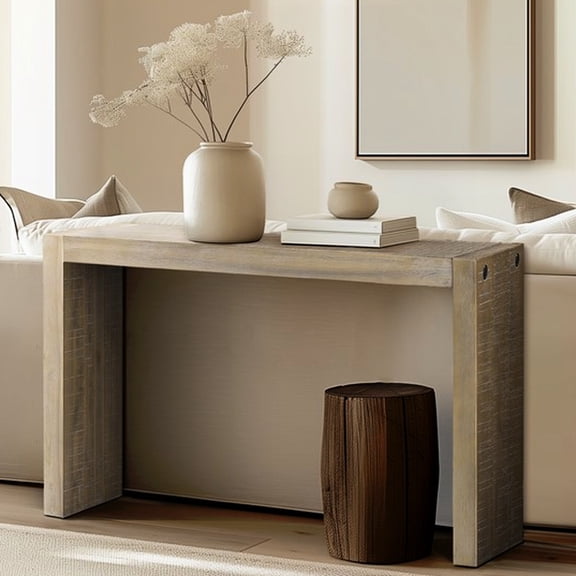 54"W Console Table in Natural Wood Grain for Entryway with Wire Brushed Distressing