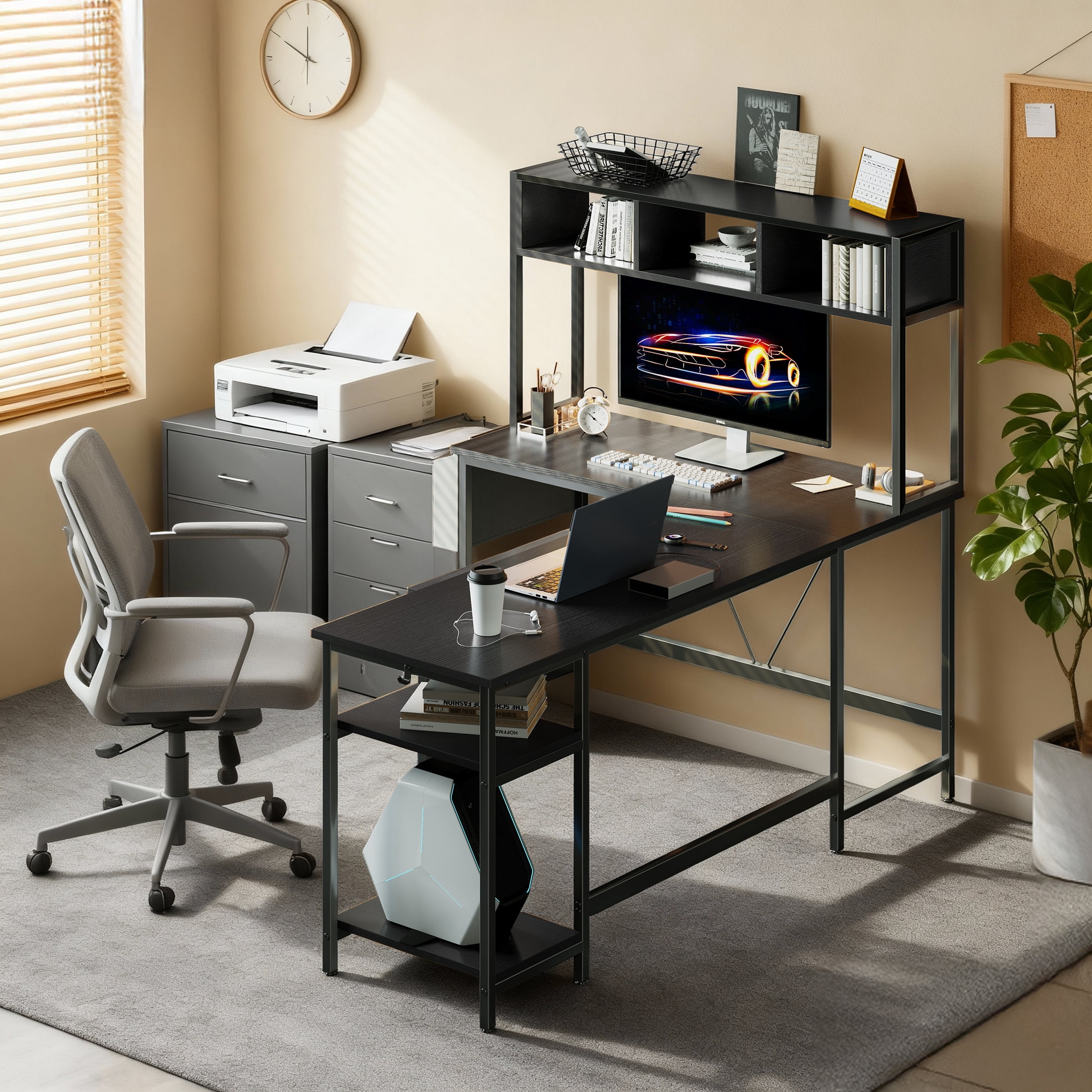 EDX 67'' L Shaped Computer Desk with LED Light, Shelf & Storage Bag & Keyboard Tray Corner Desk, Black