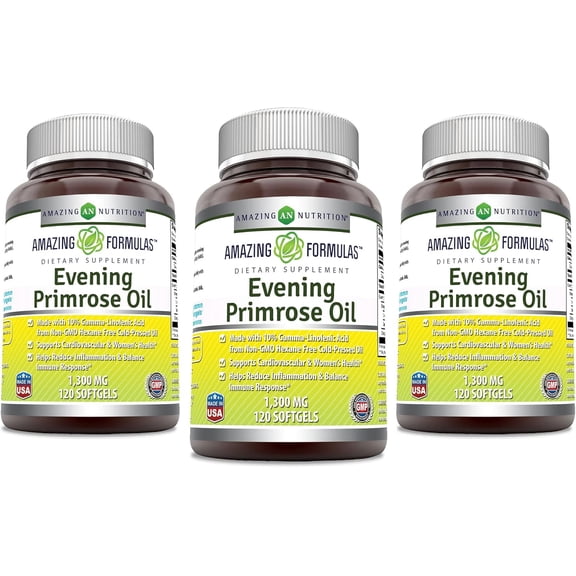 Amazing Formulas Evening Primrose Oil 1300mg, 10% GLA, 120 Softgels Supplement | Hexane Free Cold Pressed Oil | Non-GMO | Gluten Free - Pack of 3