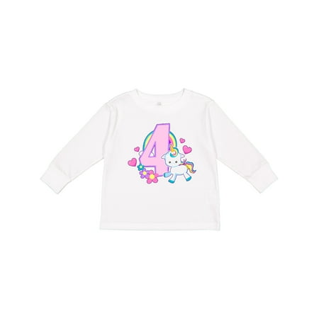 

Inktastic I Am Four Years Old with Unicorn and Hearts Girls Long Sleeve Toddler T-Shirt