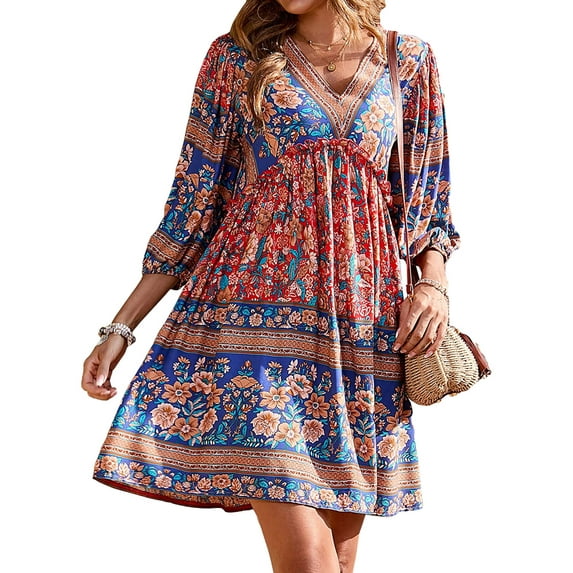Women Summer Casual Bohemian Dress Ethnic Style Floral Print V-Neck Puff Sleeve Dress Short Dress