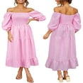 thumbnail image 1 of Women‘s Boho Flowy Dress Puff Sleeve Off The Shoulder Plaid Ruffle Midi Dress Wedding Guest Dresses, 1 of 6
