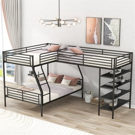 L-Shaped Metal Triple Beds with Four Built-in Shelves for Kids Teens Adults  Twin Over Full Bunk Bed and Twin Size Loft Bed  3 Beds in 1 Design Corner Bed Sturdy Bunk Bed  No Box Spring Needed  Black