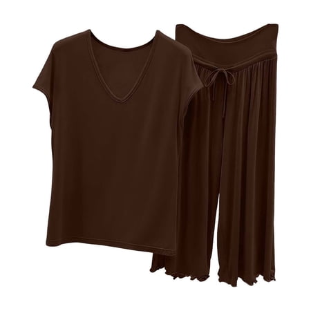 Hxshgdsn 2 Piece Womens Pajamas Sets V Neck Short Sleeve Wide Leg Sleepwear Summer Comfy PJ Sets(Coffee/2XL)