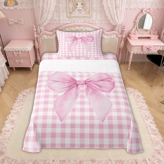Erosebridal Pink Watercolor Bow Twin Sheet Sets for Girls, Pink Bow Bedding for Women, 3-Piece