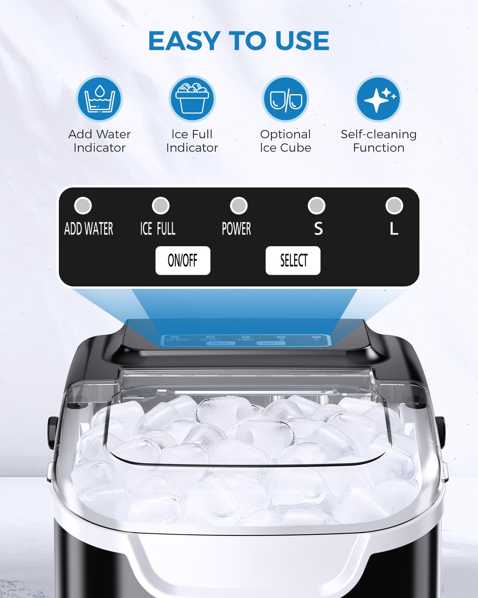 Auseo Countertop Ice Maker Machine 26 lbs/24H, 2 Sizes of Bullet Ice, 9 Bullet-Shaped Ice in 6 Min, Auto-Cleaning, Black